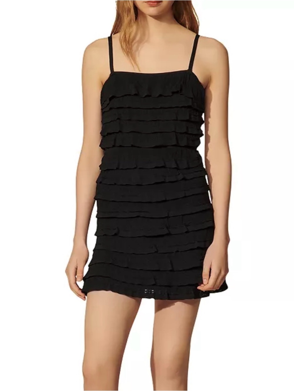 Sandro Black Ellora Tiered Ruffle Knit Mini Dress Size 36 US 4